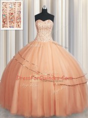 Deluxe Visible Boning Really Puffy Sleeveless Lace Up Floor Length Beading and Ruching Quinceanera Dress
