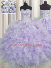 Exquisite Lavender Sleeveless Organza Lace Up 15th Birthday Dress for Military Ball and Sweet 16 and Quinceanera