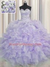 Exquisite Lavender Sleeveless Organza Lace Up 15th Birthday Dress for Military Ball and Sweet 16 and Quinceanera