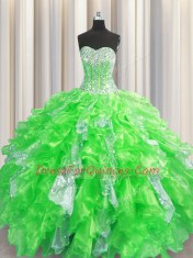 Visible Boning Organza and Sequined Lace Up Quinceanera Gowns Sleeveless Floor Length Beading and Ruffles and Sequins