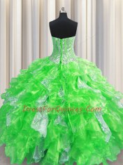 Visible Boning Organza and Sequined Lace Up Quinceanera Gowns Sleeveless Floor Length Beading and Ruffles and Sequins