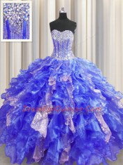 Amazing Sequins Visible Boning Floor Length Ball Gowns Sleeveless Royal Blue Quinceanera Gowns Lace Up