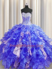 Amazing Sequins Visible Boning Floor Length Ball Gowns Sleeveless Royal Blue Quinceanera Gowns Lace Up