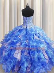 Amazing Sequins Visible Boning Floor Length Ball Gowns Sleeveless Royal Blue Quinceanera Gowns Lace Up