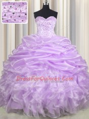 Popular Lavender Sleeveless With Train Beading and Ruffles and Pick Ups Lace Up Quinceanera Gowns