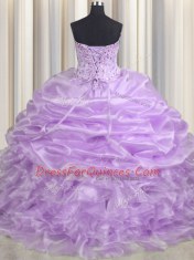 Popular Lavender Sleeveless With Train Beading and Ruffles and Pick Ups Lace Up Quinceanera Gowns