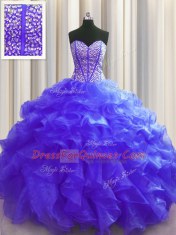 Colorful Visible Boning Organza Sweetheart Sleeveless Lace Up Beading and Ruffles Sweet 16 Dress in Purple