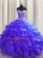 Colorful Visible Boning Organza Sweetheart Sleeveless Lace Up Beading and Ruffles Sweet 16 Dress in Purple