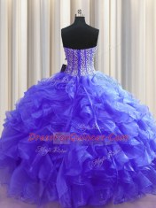 Colorful Visible Boning Organza Sweetheart Sleeveless Lace Up Beading and Ruffles Sweet 16 Dress in Purple