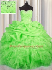 Customized Lace Up Sweetheart Beading and Ruffles and Ruching and Pick Ups Quinceanera Gown Organza Sleeveless