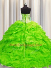 Pretty Visible Boning Sleeveless Organza Lace Up Ball Gown Prom Dress for Military Ball and Sweet 16 and Quinceanera