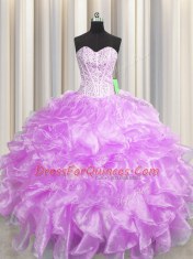 Visible Boning Zipper Up Sweetheart Sleeveless Zipper Vestidos de Quinceanera Lilac Organza