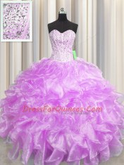 Visible Boning Zipper Up Sweetheart Sleeveless Zipper Vestidos de Quinceanera Lilac Organza