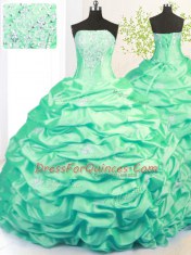 Pick Ups Sweep Train Ball Gowns Quinceanera Dress Turquoise Strapless Taffeta Sleeveless With Train Side Zipper