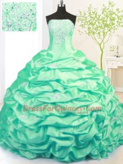 Pick Ups Sweep Train Ball Gowns Quinceanera Dress Turquoise Strapless Taffeta Sleeveless With Train Side Zipper