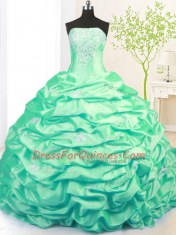 Pick Ups Sweep Train Ball Gowns Quinceanera Dress Turquoise Strapless Taffeta Sleeveless With Train Side Zipper