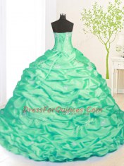Pick Ups Sweep Train Ball Gowns Quinceanera Dress Turquoise Strapless Taffeta Sleeveless With Train Side Zipper
