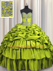 Custom Made Embroidery Brush Train Sweetheart Sleeveless Lace Up Quinceanera Dress Olive Green Taffeta