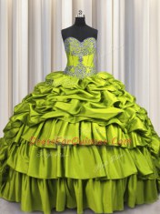 Custom Made Embroidery Brush Train Sweetheart Sleeveless Lace Up Quinceanera Dress Olive Green Taffeta