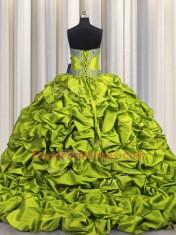 Custom Made Embroidery Brush Train Sweetheart Sleeveless Lace Up Quinceanera Dress Olive Green Taffeta