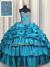 Teal Sweetheart Neckline Beading and Embroidery and Ruffled Layers and Pick Ups Sweet 16 Quinceanera Dress Sleeveless Lace Up