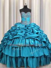 Teal Sweetheart Neckline Beading and Embroidery and Ruffled Layers and Pick Ups Sweet 16 Quinceanera Dress Sleeveless Lace Up