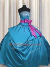 Floor Length Lace Up Ball Gown Prom Dress Teal for Military Ball and Sweet 16 and Quinceanera with Beading and Ruching and Bowknot