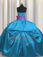 Floor Length Lace Up Ball Gown Prom Dress Teal for Military Ball and Sweet 16 and Quinceanera with Beading and Ruching and Bowknot