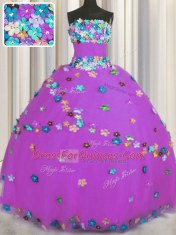 Purple Ball Gowns Hand Made Flower Quinceanera Dress Lace Up Tulle Sleeveless Floor Length