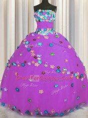 Purple Ball Gowns Hand Made Flower Quinceanera Dress Lace Up Tulle Sleeveless Floor Length