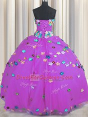 Purple Ball Gowns Hand Made Flower Quinceanera Dress Lace Up Tulle Sleeveless Floor Length
