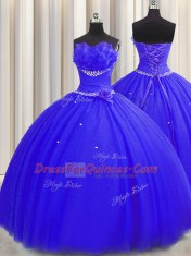 Handcrafted Flower Royal Blue Tulle Lace Up Quinceanera Dresses Sleeveless Floor Length Beading and Ruching and Hand Made Flower