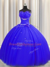 Handcrafted Flower Royal Blue Tulle Lace Up Quinceanera Dresses Sleeveless Floor Length Beading and Ruching and Hand Made Flower
