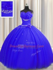 Handcrafted Flower Royal Blue Tulle Lace Up Quinceanera Dresses Sleeveless Floor Length Beading and Ruching and Hand Made Flower
