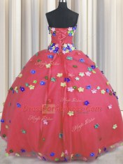 Charming Coral Red Tulle Lace Up Sweet 16 Dress Sleeveless Floor Length Hand Made Flower