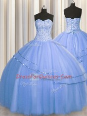 Visible Boning Big Puffy Blue Sleeveless Beading Floor Length Vestidos de Quinceanera