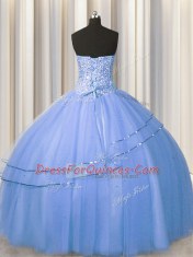 Visible Boning Big Puffy Blue Sleeveless Beading Floor Length Vestidos de Quinceanera