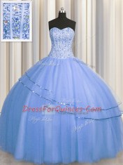 Visible Boning Big Puffy Blue Sleeveless Beading Floor Length Vestidos de Quinceanera