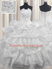 Designer Pick Ups Ruffled Strapless Sleeveless Lace Up Sweet 16 Dress White Organza