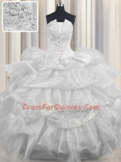 Designer Pick Ups Ruffled Strapless Sleeveless Lace Up Sweet 16 Dress White Organza