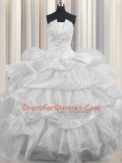 Designer Pick Ups Ruffled Strapless Sleeveless Lace Up Sweet 16 Dress White Organza