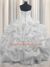 Designer Pick Ups Ruffled Strapless Sleeveless Lace Up Sweet 16 Dress White Organza