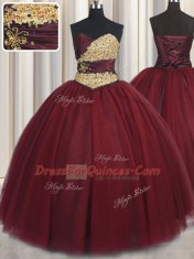Beading and Appliques Sweet 16 Dress Wine Red Lace Up Sleeveless Floor Length