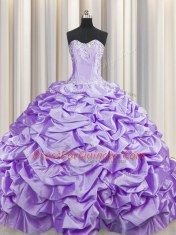 Traditional Brush Train Lavender Quince Ball Gowns Military Ball and Sweet 16 and Quinceanera and For with Beading and Pick Ups Sweetheart Sleeveless Sweep Train Lace Up
