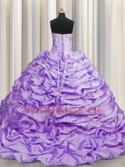 Traditional Brush Train Lavender Quince Ball Gowns Military Ball and Sweet 16 and Quinceanera and For with Beading and Pick Ups Sweetheart Sleeveless Sweep Train Lace Up