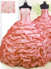 Customized Pink Taffeta Lace Up Quinceanera Dresses Sleeveless With Train Sweep Train Beading and Pick Ups