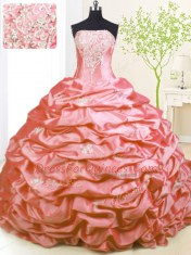 Customized Pink Taffeta Lace Up Quinceanera Dresses Sleeveless With Train Sweep Train Beading and Pick Ups
