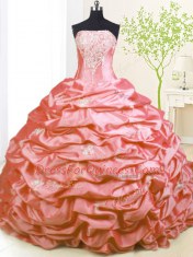 Customized Pink Taffeta Lace Up Quinceanera Dresses Sleeveless With Train Sweep Train Beading and Pick Ups
