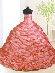 Customized Pink Taffeta Lace Up Quinceanera Dresses Sleeveless With Train Sweep Train Beading and Pick Ups