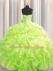 Visible Boning Sleeveless Lace Up Floor Length Beading and Ruffles Quinceanera Gowns